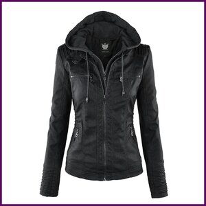 Faux Leather Moto Jacket with Hood - Removable Option - Women's Outerwear